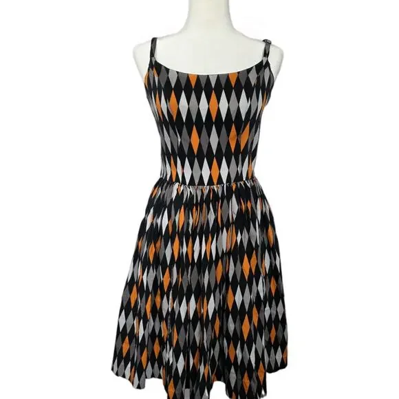 PINUP COUTURE PUG Jenny Halloween Harlequin Dress Large Black Orange Vintage - Picture 2 of 11